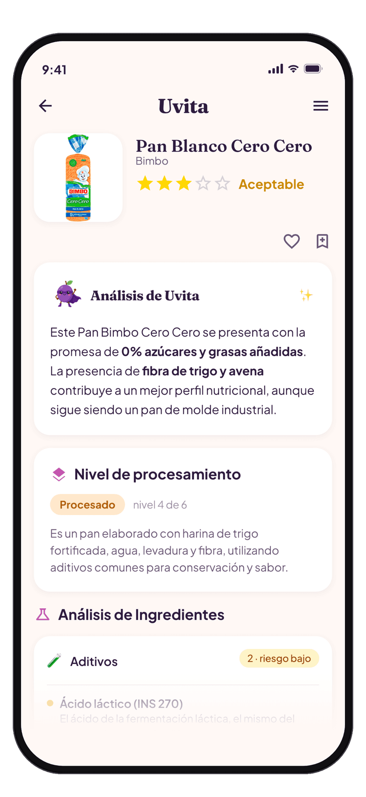 Pantalla de Uvita con el análisis del Pan Blanco Cero Cero de Bimbo: 3 estrellas, veredicto y aditivos